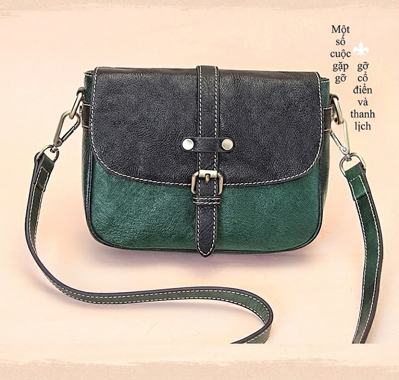 Túi Đeo Chéo Nữ Da Bò Mini Vintage Màu Đen, Xanh Lá chi tiết 1