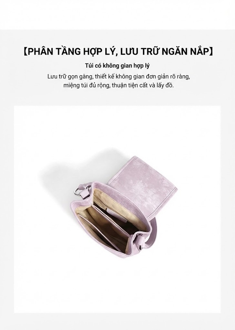 Túi Đeo Chéo Nữ Da Bò Nắp Gập Quai Xách Tay Dáng Thùng Màu Tím, Xám chi tiết 8