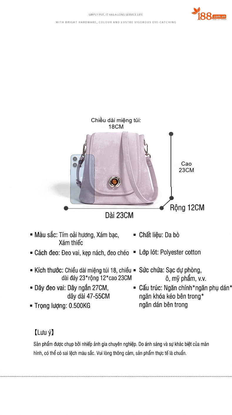 Túi Đeo Chéo Nữ Da Bò Nắp Gập Quai Xách Tay Dáng Thùng Màu Tím, Xám chi tiết 7