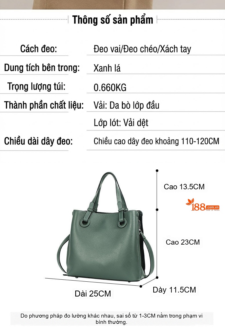 Túi Đeo Chéo Nữ Da Bò Nguyên Miếng Dáng Thùng Cỡ Lớn Màu Xanh Lá chi tiết 4
