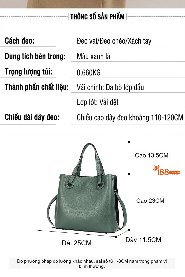 Túi Đeo Chéo Nữ Da Bò Nguyên Miếng Dáng Thùng Cỡ Lớn Màu Xanh Lá chi tiết 21