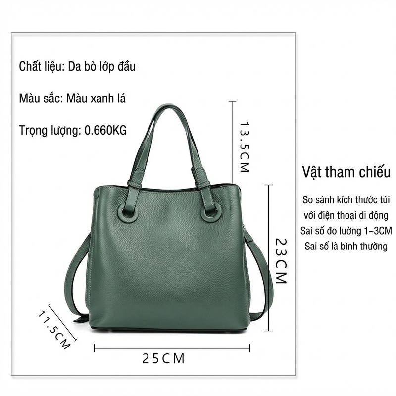 Túi Đeo Chéo Nữ Da Bò Nguyên Miếng Dáng Thùng Cỡ Lớn Màu Xanh Lá