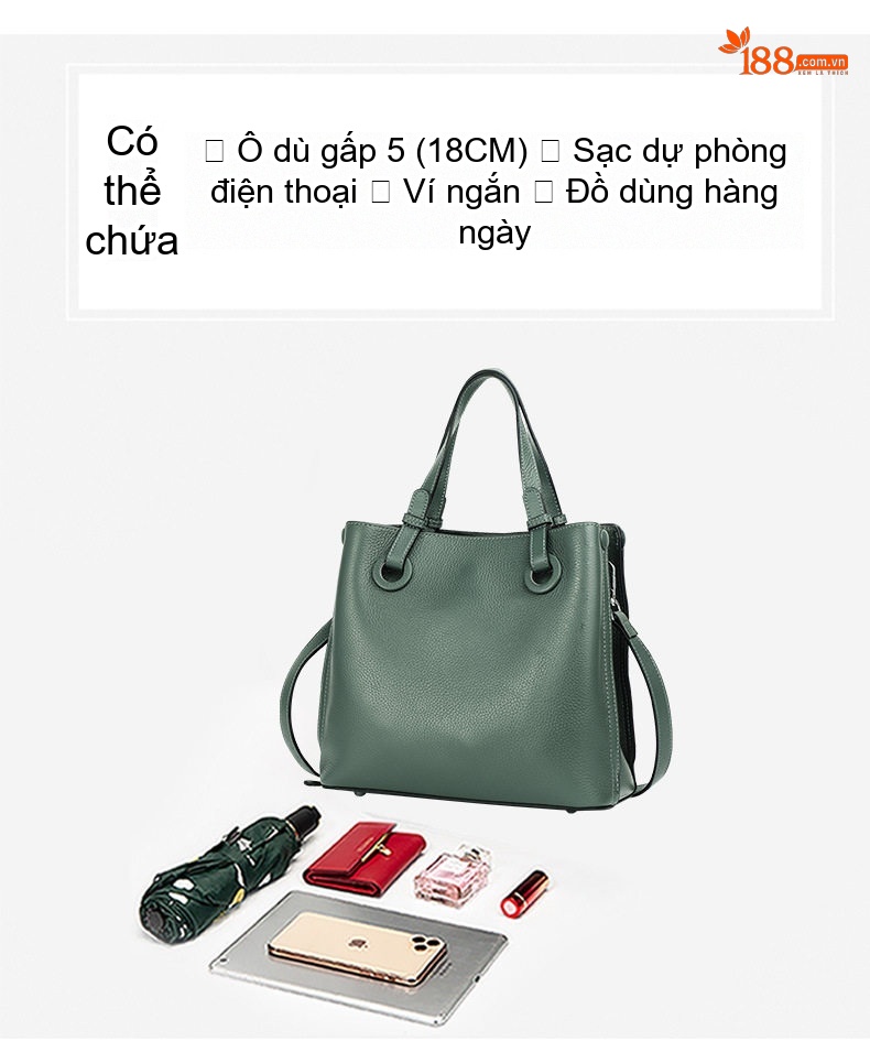 Túi Đeo Chéo Nữ Da Bò Nguyên Miếng Dáng Thùng Cỡ Lớn Màu Xanh Lá chi tiết 9