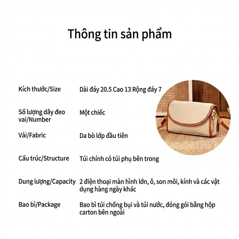 Túi Đeo Chéo Nữ Da Bò Nguyên Tấm Thiết Kế Vuông Nhỏ Màu Kem, Nâu