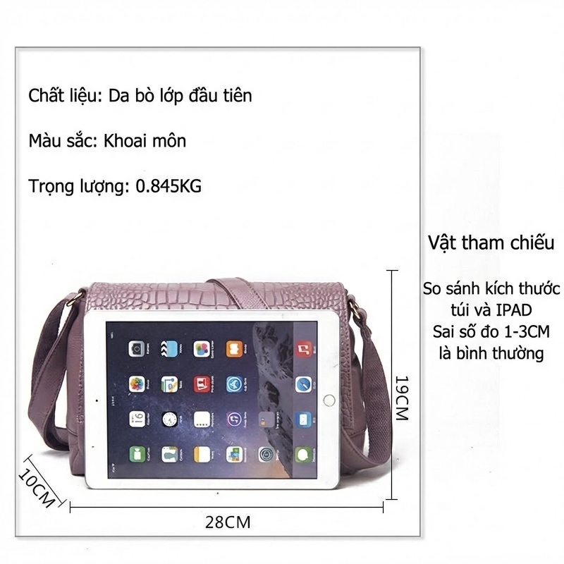 Túi Đeo Chéo Nữ Da Bò Nhiều Ngăn Phong Cách Thời Trang Màu Đen, Khoai Môn