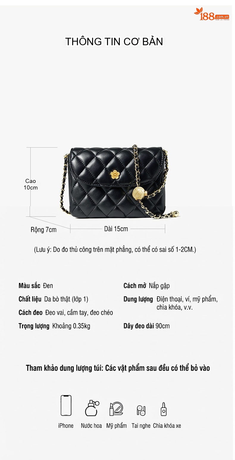 Túi Đeo Chéo Nữ Da Bò Ô Trám Quả Trám Dây Xích Màu Đen chi tiết 4