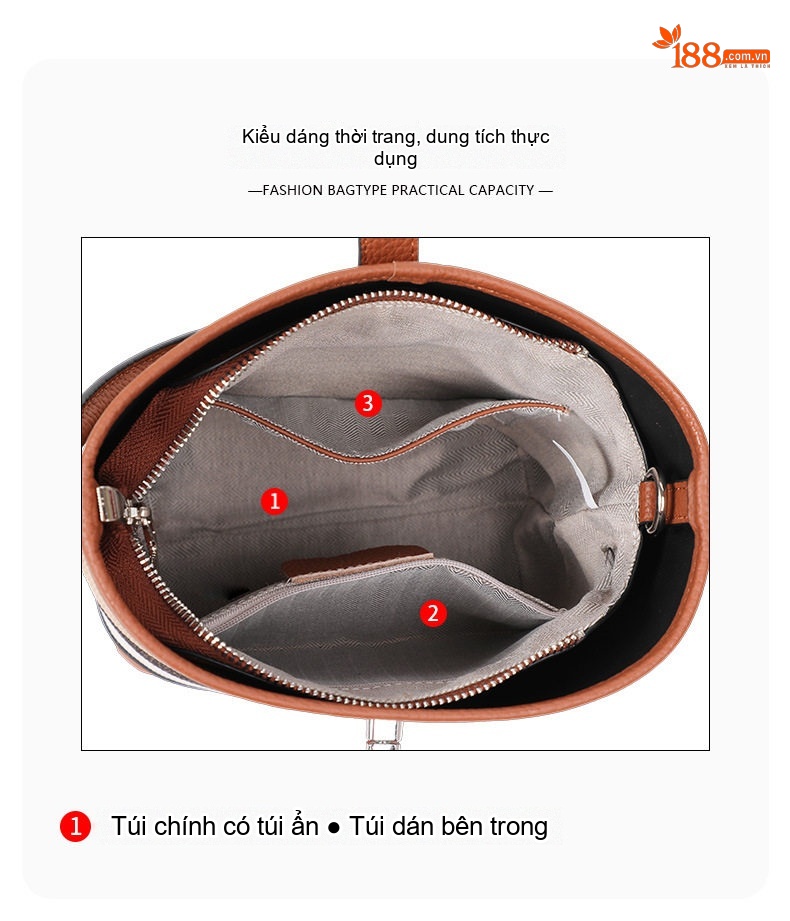 Túi Đeo Chéo Nữ Da Bò Phối Vải Bố Dáng Xô Kẻ Ô Màu Caramel chi tiết 8