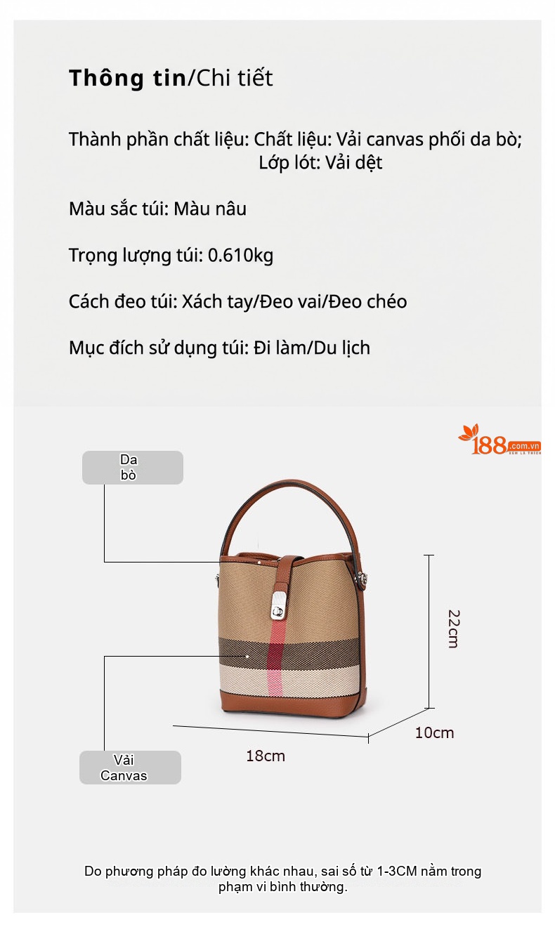 Túi Đeo Chéo Nữ Da Bò Phối Vải Bố Dáng Xô Kẻ Ô Màu Caramel chi tiết 5