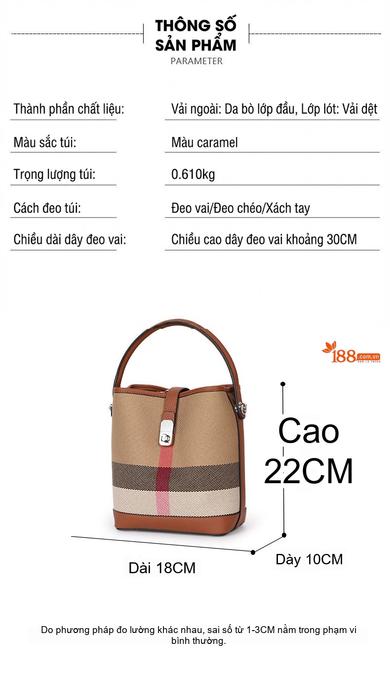 Túi Đeo Chéo Nữ Da Bò Phối Vải Bố Dáng Xô Kẻ Ô Màu Caramel chi tiết 19