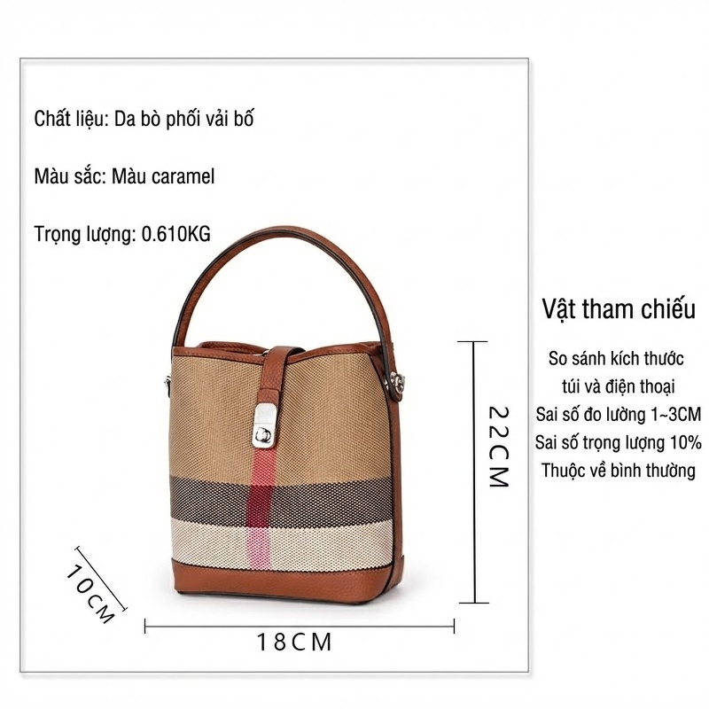 Túi Đeo Chéo Nữ Da Bò Phối Vải Bố Dáng Xô Kẻ Ô Màu Caramel