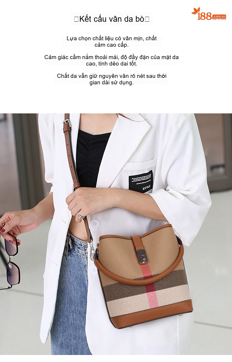 Túi Đeo Chéo Nữ Da Bò Phối Vải Bố Dáng Xô Kẻ Ô Màu Caramel chi tiết 2