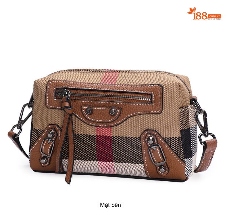 Túi Đeo Chéo Nữ Da Bò Phối Vải Canvas Họa Tiết Kẻ Sọc Màu Nâu Caramel chi tiết 10