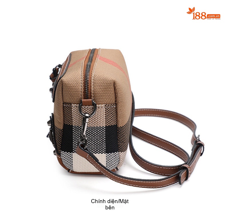 Túi Đeo Chéo Nữ Da Bò Phối Vải Canvas Họa Tiết Kẻ Sọc Màu Nâu Caramel chi tiết 11