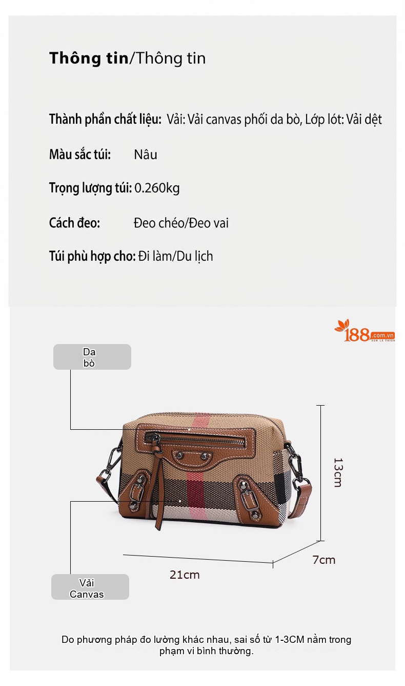 Túi Đeo Chéo Nữ Da Bò Phối Vải Canvas Họa Tiết Kẻ Sọc Màu Nâu Caramel chi tiết 5