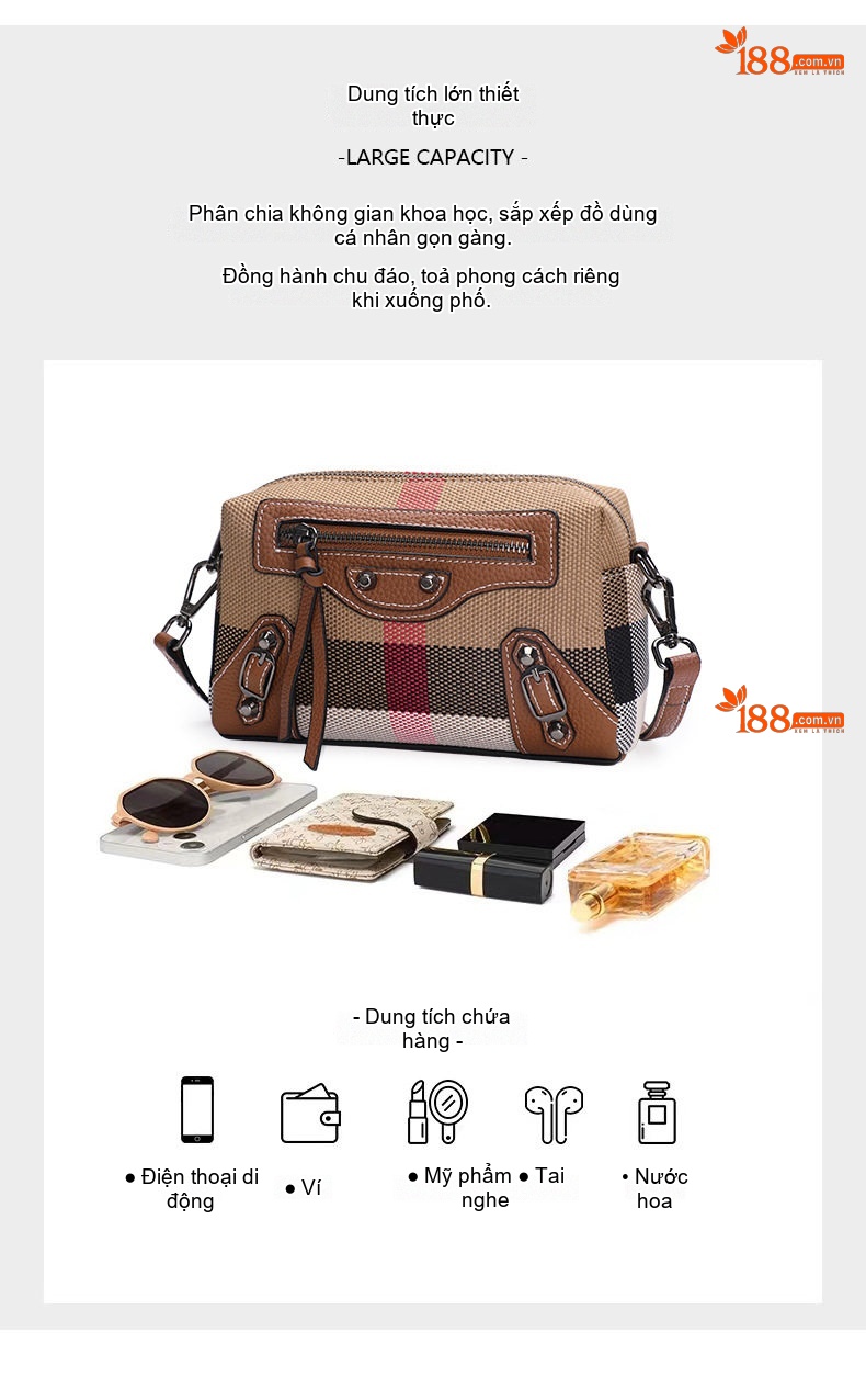 Túi Đeo Chéo Nữ Da Bò Phối Vải Canvas Họa Tiết Kẻ Sọc Màu Nâu Caramel chi tiết 7