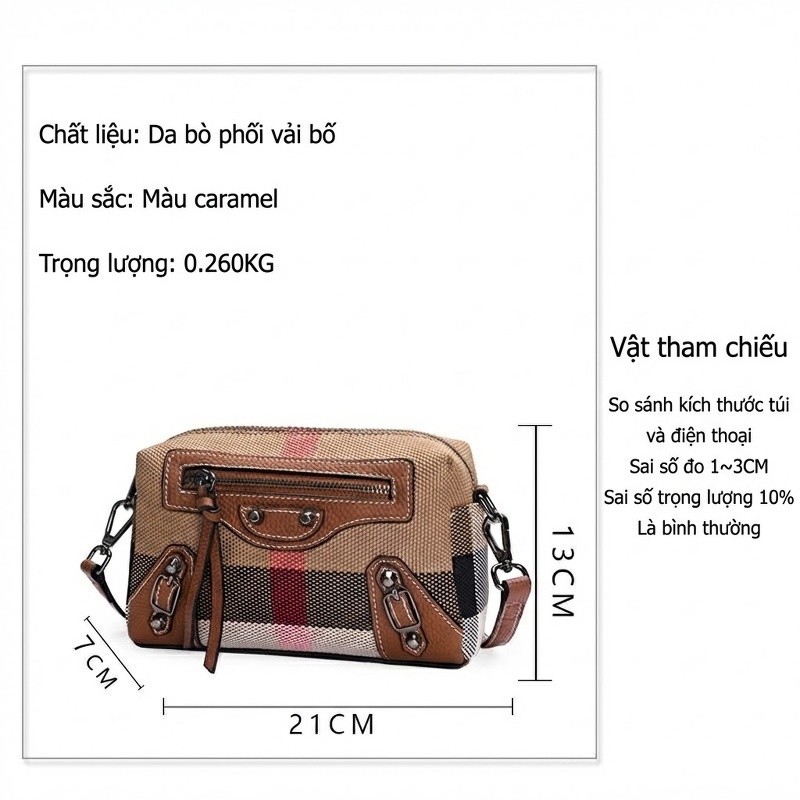 Túi Đeo Chéo Nữ Da Bò Phối Vải Canvas Họa Tiết Kẻ Sọc Màu Nâu Caramel chi tiết 17