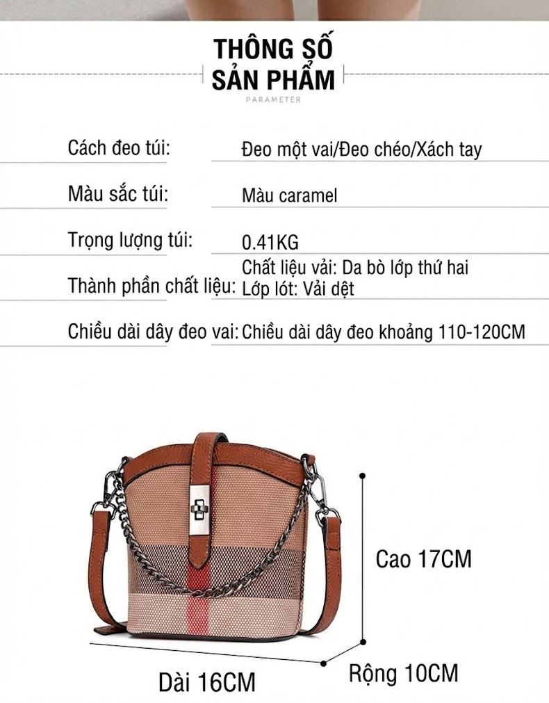 Túi Đeo Chéo Nữ Da Bò Phối Vải Canvas Mini Dáng Bucket Thời Trang Âu Mỹ Màu Nâu, Đỏ chi tiết 20