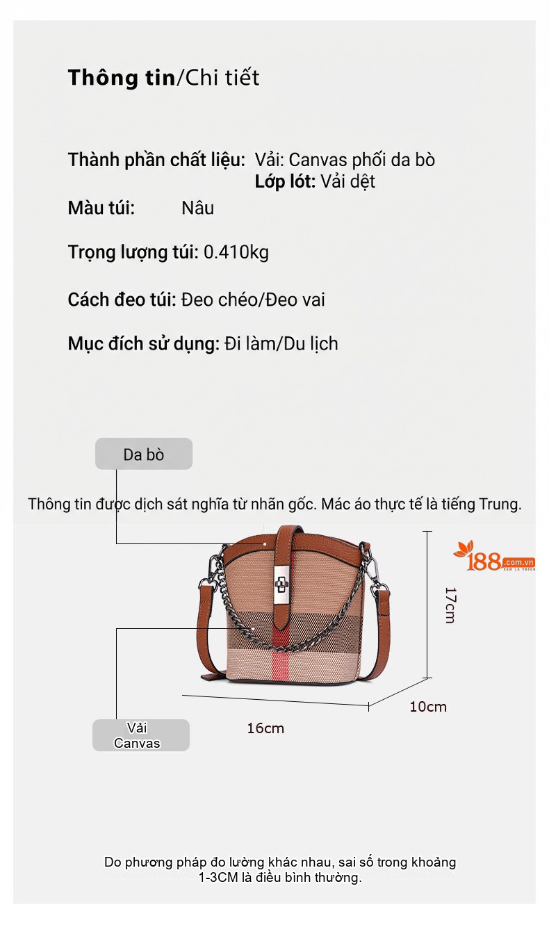 Túi Đeo Chéo Nữ Da Bò Phối Vải Canvas Mini Dáng Bucket Thời Trang Âu Mỹ Màu Nâu, Đỏ chi tiết 5