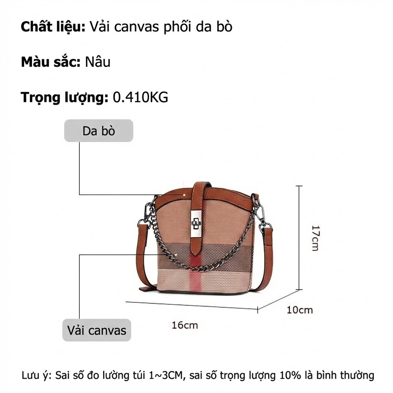 Túi Đeo Chéo Nữ Da Bò Phối Vải Canvas Mini Dáng Bucket Thời Trang Âu Mỹ Màu Nâu, Đỏ