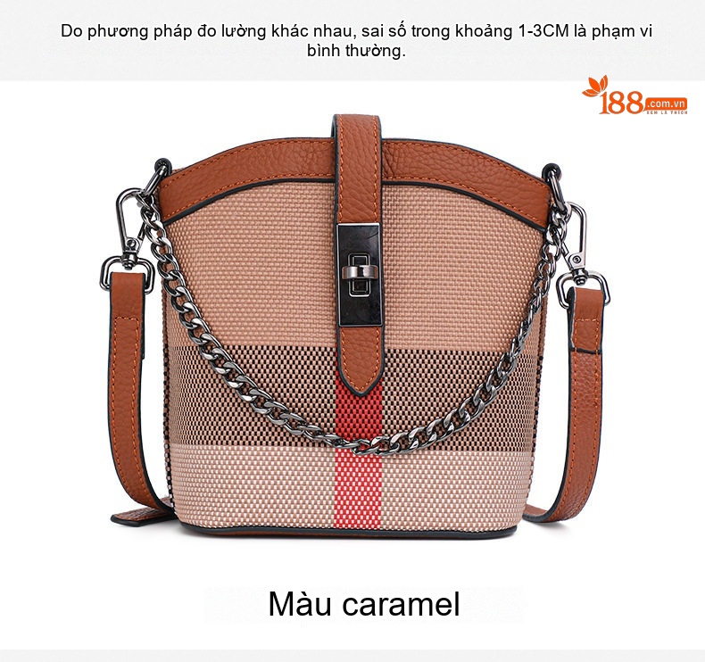 Túi Đeo Chéo Nữ Da Bò Phối Vải Canvas Mini Dáng Bucket Thời Trang Âu Mỹ Màu Nâu, Đỏ chi tiết 6