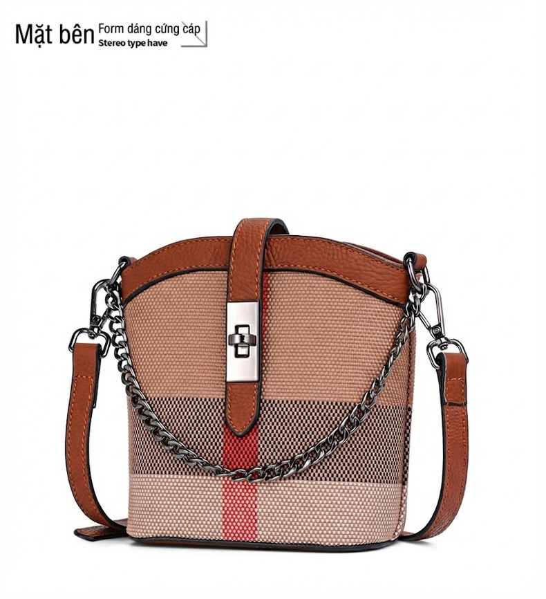Túi Đeo Chéo Nữ Da Bò Phối Vải Canvas Mini Dáng Bucket Thời Trang Âu Mỹ Màu Nâu, Đỏ chi tiết 12