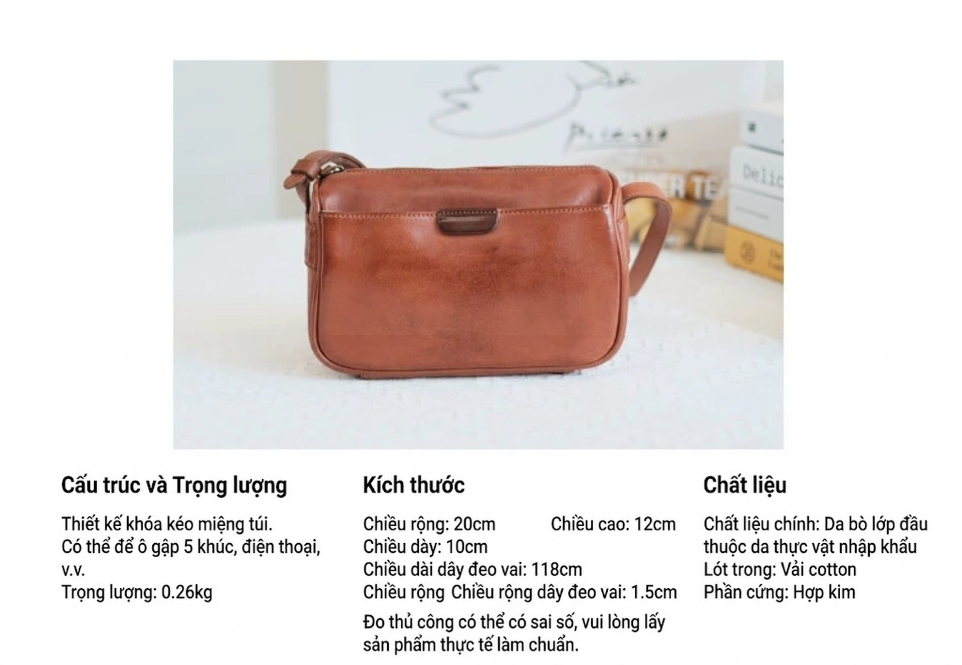 Túi Đeo Chéo Nữ Da Bò Phong Cách Cổ Điển Màu Nâu, Đen chi tiết 4