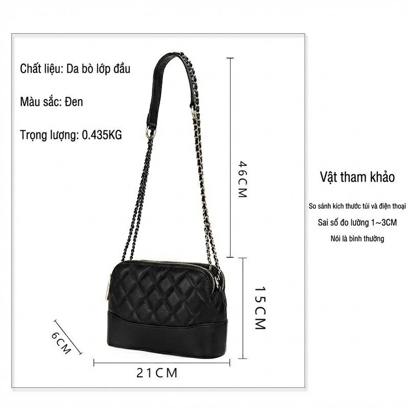 Túi Đeo Chéo Nữ Da Bò Quai Xích Kiểu Dáng Thời Trang Màu Đen, Trắng Kem