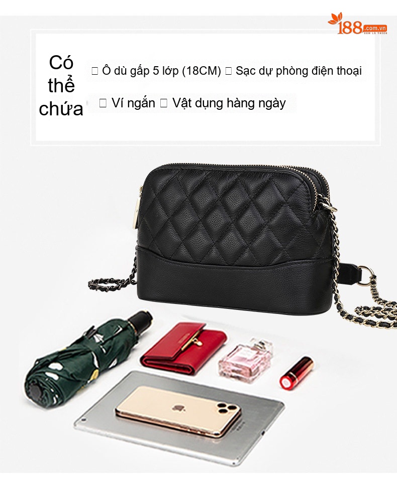 Túi Đeo Chéo Nữ Da Bò Quai Xích Kiểu Dáng Thời Trang Màu Đen, Trắng Kem chi tiết 8