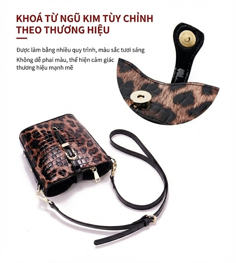 Túi Đeo Chéo Nữ Da Bò Thật Dáng Bucket Họa Tiết Da Báo Màu Nâu, Đen chi tiết 13