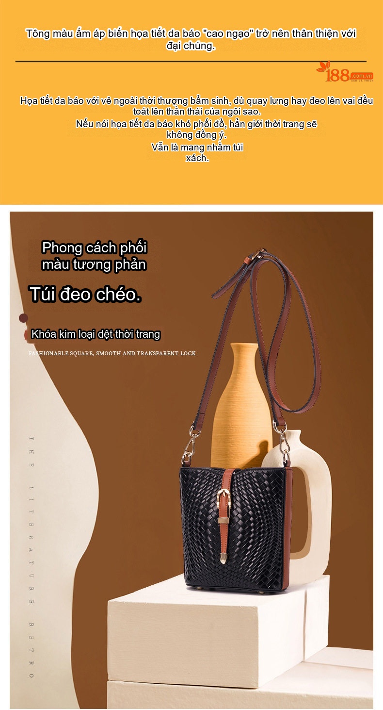 Túi Đeo Chéo Nữ Da Bò Thật Dáng Bucket Họa Tiết Da Báo Màu Nâu, Đen chi tiết 2