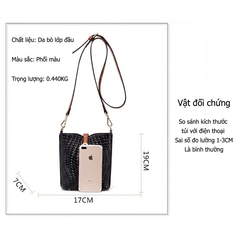 Túi Đeo Chéo Nữ Da Bò Thật Dáng Bucket Họa Tiết Da Báo Màu Nâu, Đen