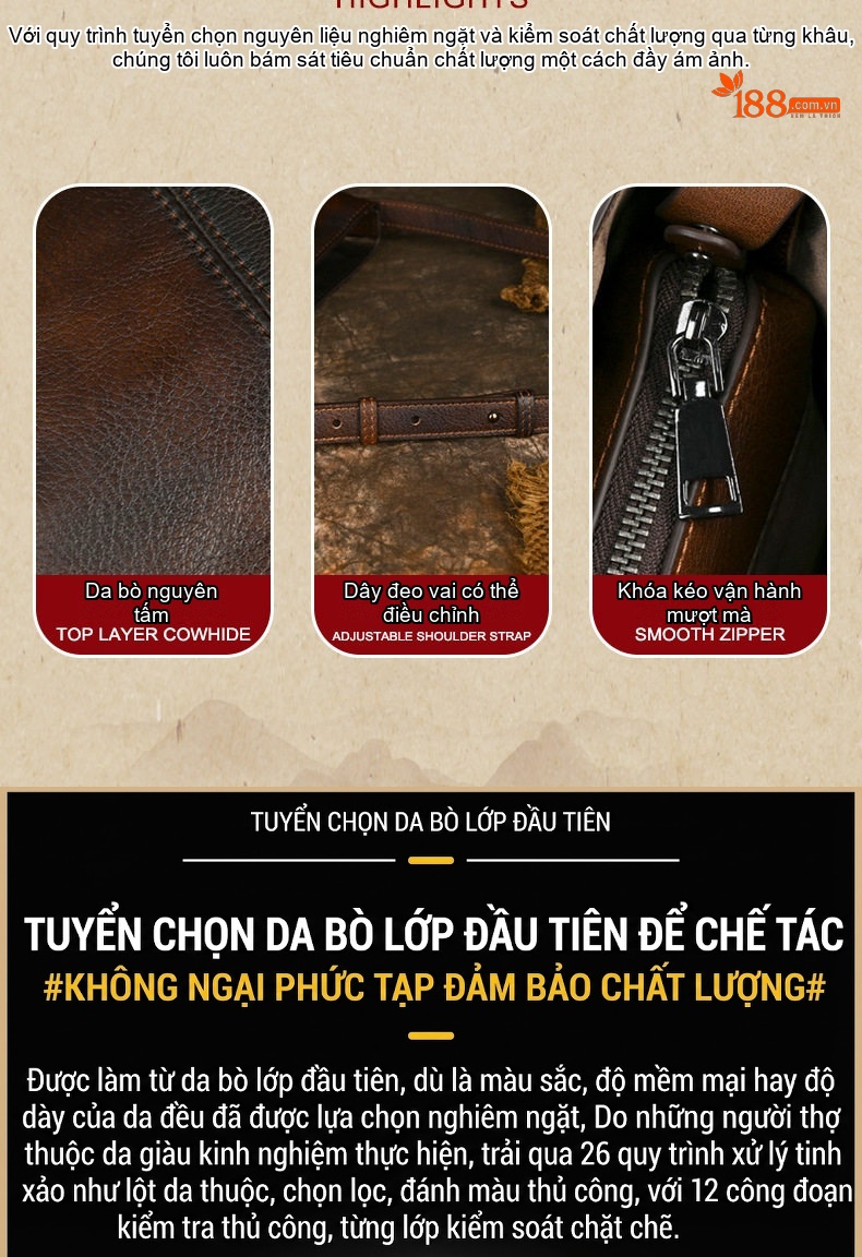 Túi Đeo Chéo Nữ Da Bò Thật Phong Cách Retro Âu Mỹ Đơn Giản Màu Nâu chi tiết 4