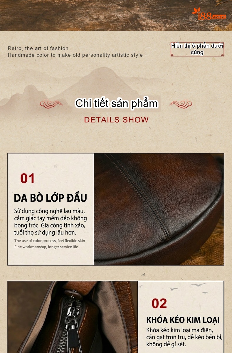 Túi Đeo Chéo Nữ Da Bò Thật Phong Cách Retro Âu Mỹ Đơn Giản Màu Nâu chi tiết 12
