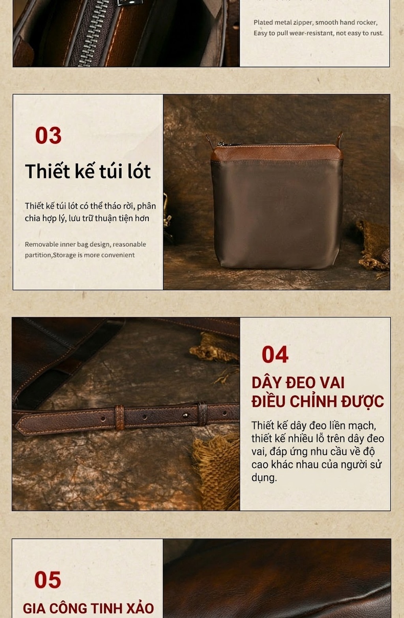 Túi Đeo Chéo Nữ Da Bò Thật Phong Cách Retro Âu Mỹ Đơn Giản Màu Nâu chi tiết 13