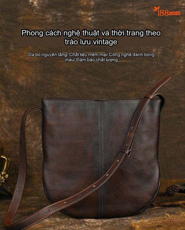 Túi Đeo Chéo Nữ Da Bò Thật Phong Cách Retro Âu Mỹ Đơn Giản Màu Nâu chi tiết 1