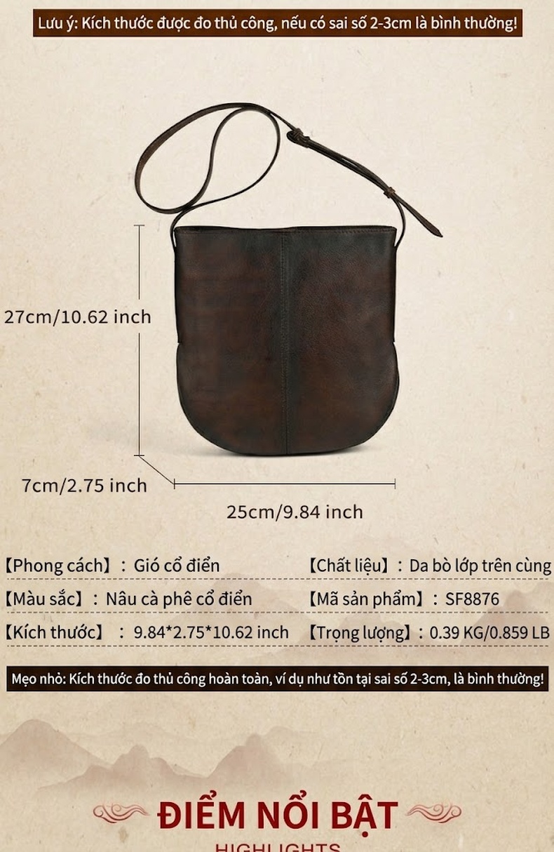 Túi Đeo Chéo Nữ Da Bò Thật Phong Cách Retro Âu Mỹ Đơn Giản Màu Nâu chi tiết 3