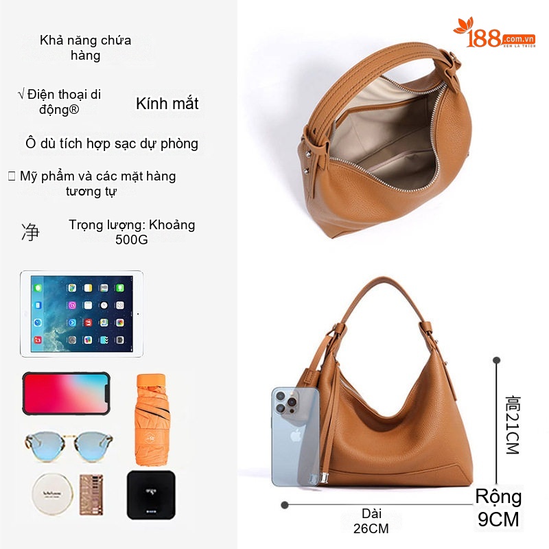 Túi Đeo Chéo Nữ Da Bò Thật Sức Chứa Lớn Phong Cách Casual Màu Nâu, Đen