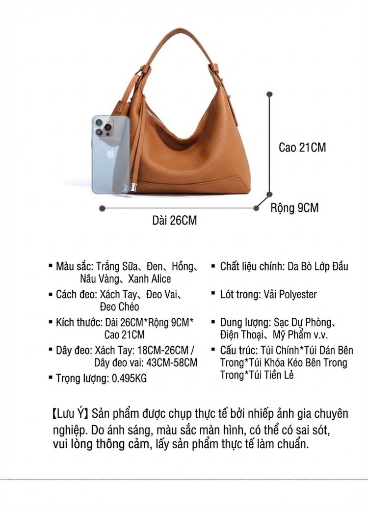 Túi Đeo Chéo Nữ Da Bò Thật Sức Chứa Lớn Phong Cách Casual Màu Nâu, Đen chi tiết 9