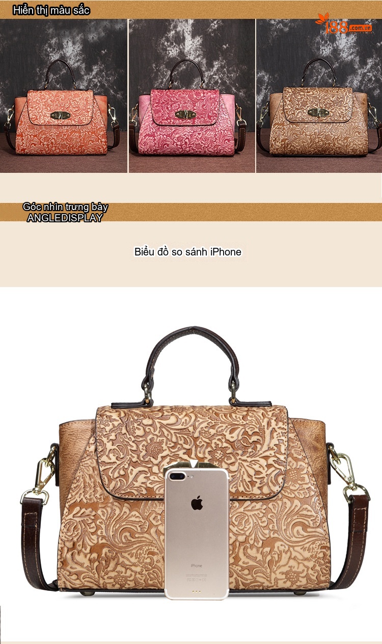 Túi Đeo Chéo Nữ Da Bò Thật Vintage Họa Tiết Hoa Thời Trang Màu Nâu, Hồng chi tiết 2