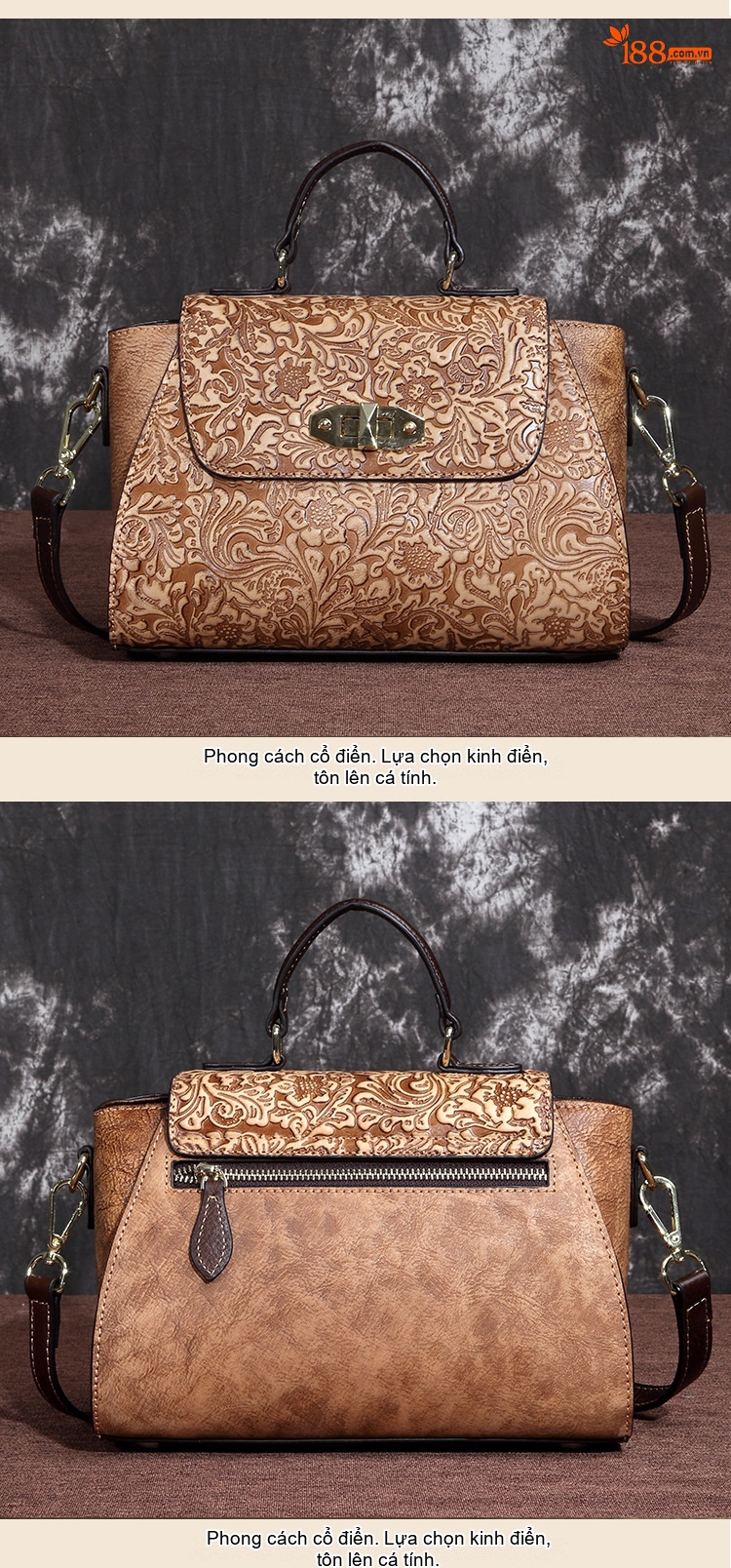 Túi Đeo Chéo Nữ Da Bò Thật Vintage Họa Tiết Hoa Thời Trang Màu Nâu, Hồng chi tiết 4
