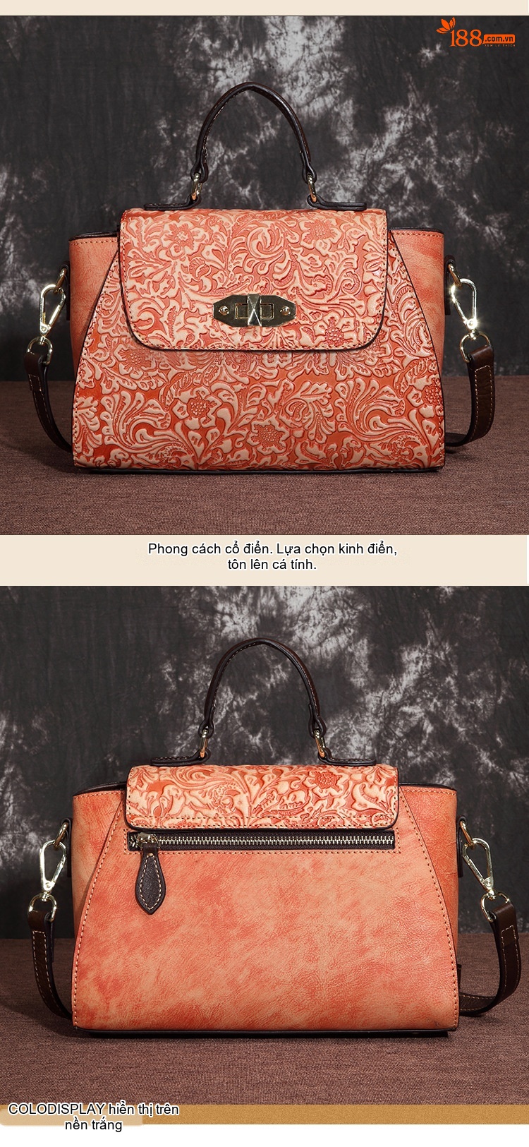 Túi Đeo Chéo Nữ Da Bò Thật Vintage Họa Tiết Hoa Thời Trang Màu Nâu, Hồng chi tiết 5