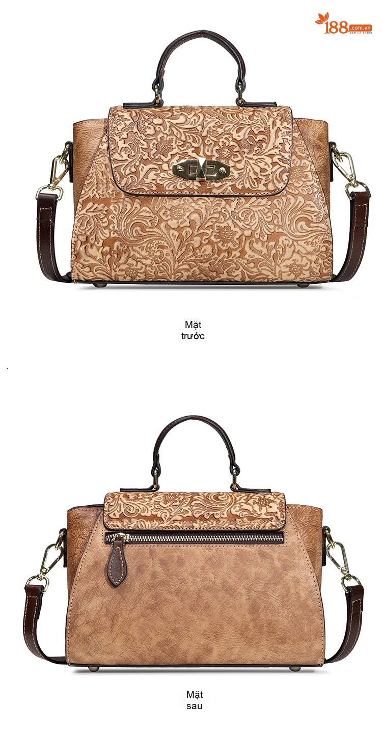 Túi Đeo Chéo Nữ Da Bò Thật Vintage Họa Tiết Hoa Thời Trang Màu Nâu, Hồng chi tiết 6