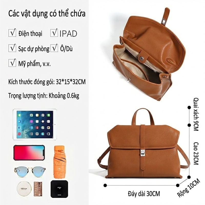 Túi Đeo Chéo Nữ Da Bò Thiết Kế Thanh Lịch Màu Nâu