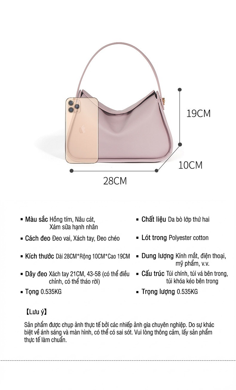Túi Đeo Chéo Nữ Da Bò Thời Trang Công Sở, Túi Xách Tay Mini Màu Tím, Be, Xanh chi tiết 2