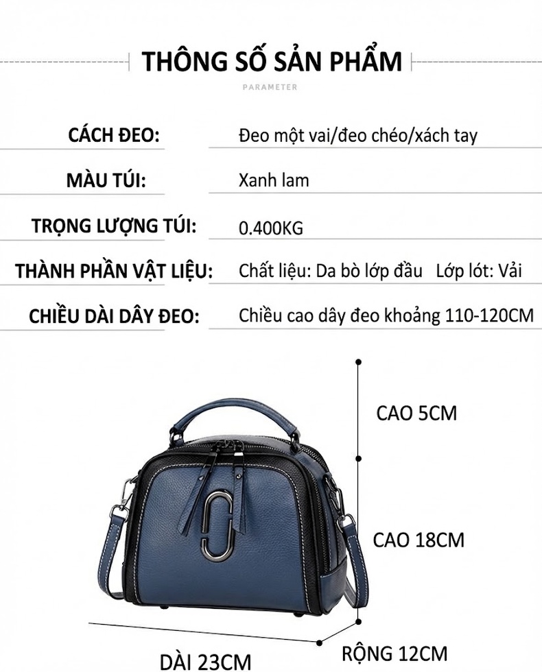 Túi Đeo Chéo Nữ Da Bò Thời Trang Màu Xanh Dương, Đen chi tiết 5