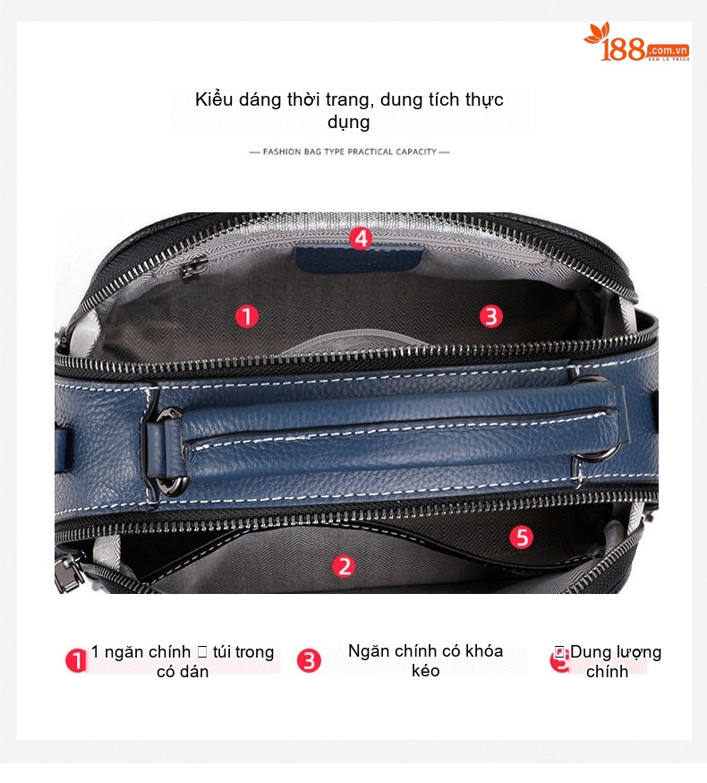Túi Đeo Chéo Nữ Da Bò Thời Trang Màu Xanh Dương, Đen chi tiết 7