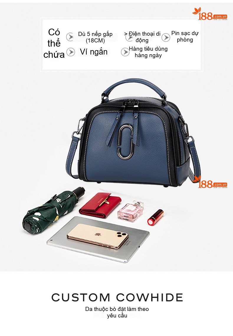 Túi Đeo Chéo Nữ Da Bò Thời Trang Màu Xanh Dương, Đen chi tiết 8