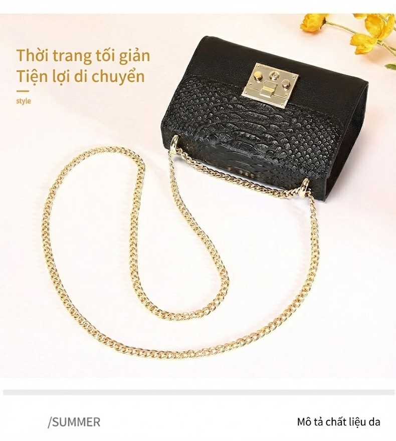 Túi Đeo Chéo Nữ Da Bò Thời Trang Mini Dây Xích Màu Đen chi tiết 3
