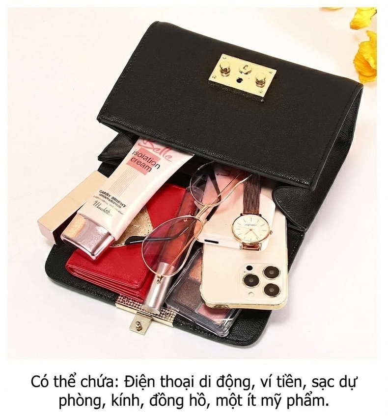Túi Đeo Chéo Nữ Da Bò Thời Trang Mini Dây Xích Màu Đen chi tiết 13