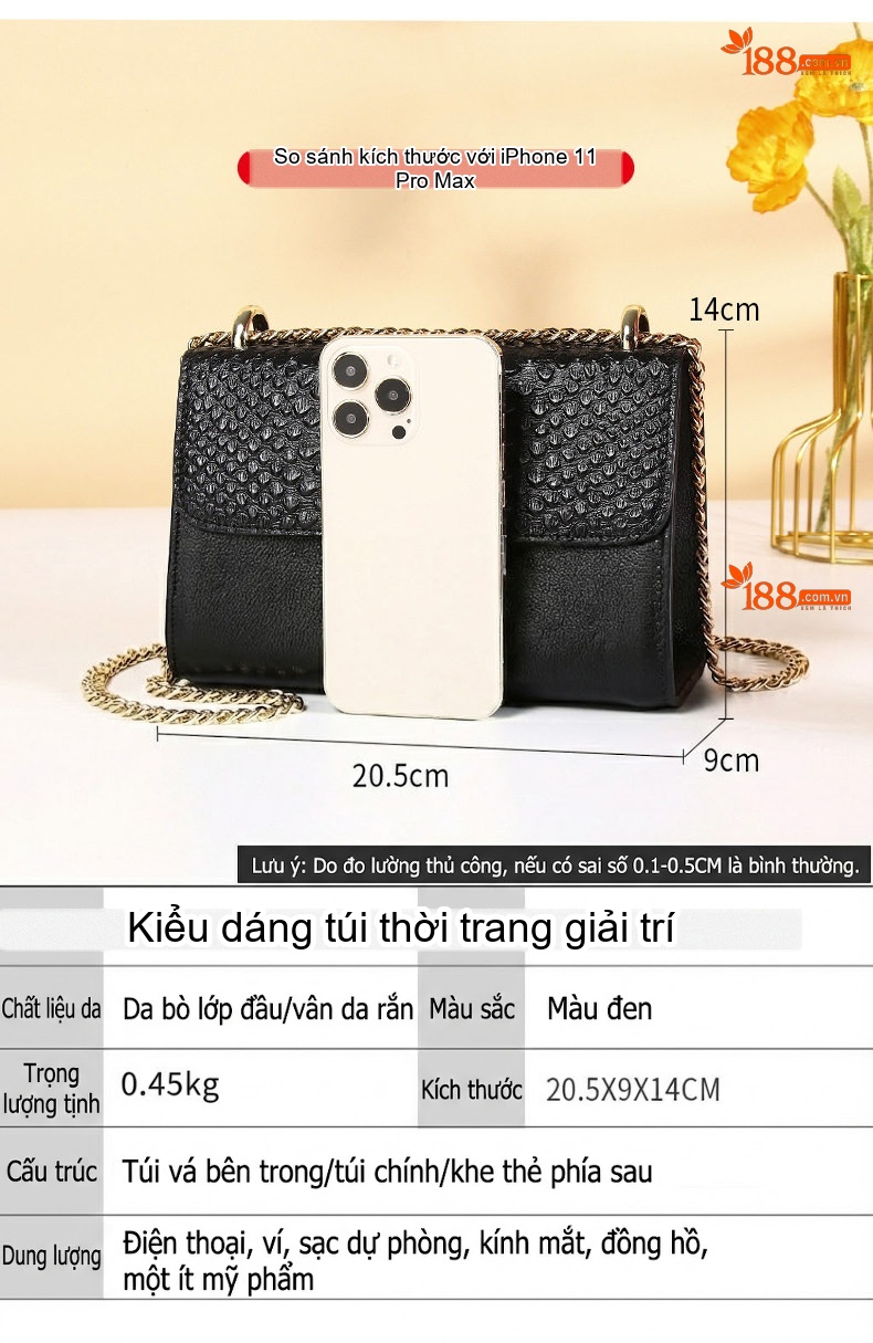 Túi Đeo Chéo Nữ Da Bò Thời Trang Mini Dây Xích Màu Đen chi tiết 11